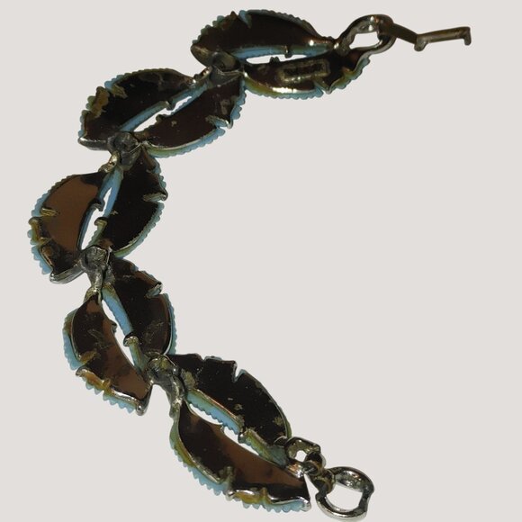 Vintage 1950 BSK Blue Parure Enamel Leaf Link Bracelet Silver Tone Metal 7 Inch - Picture 6 of 8